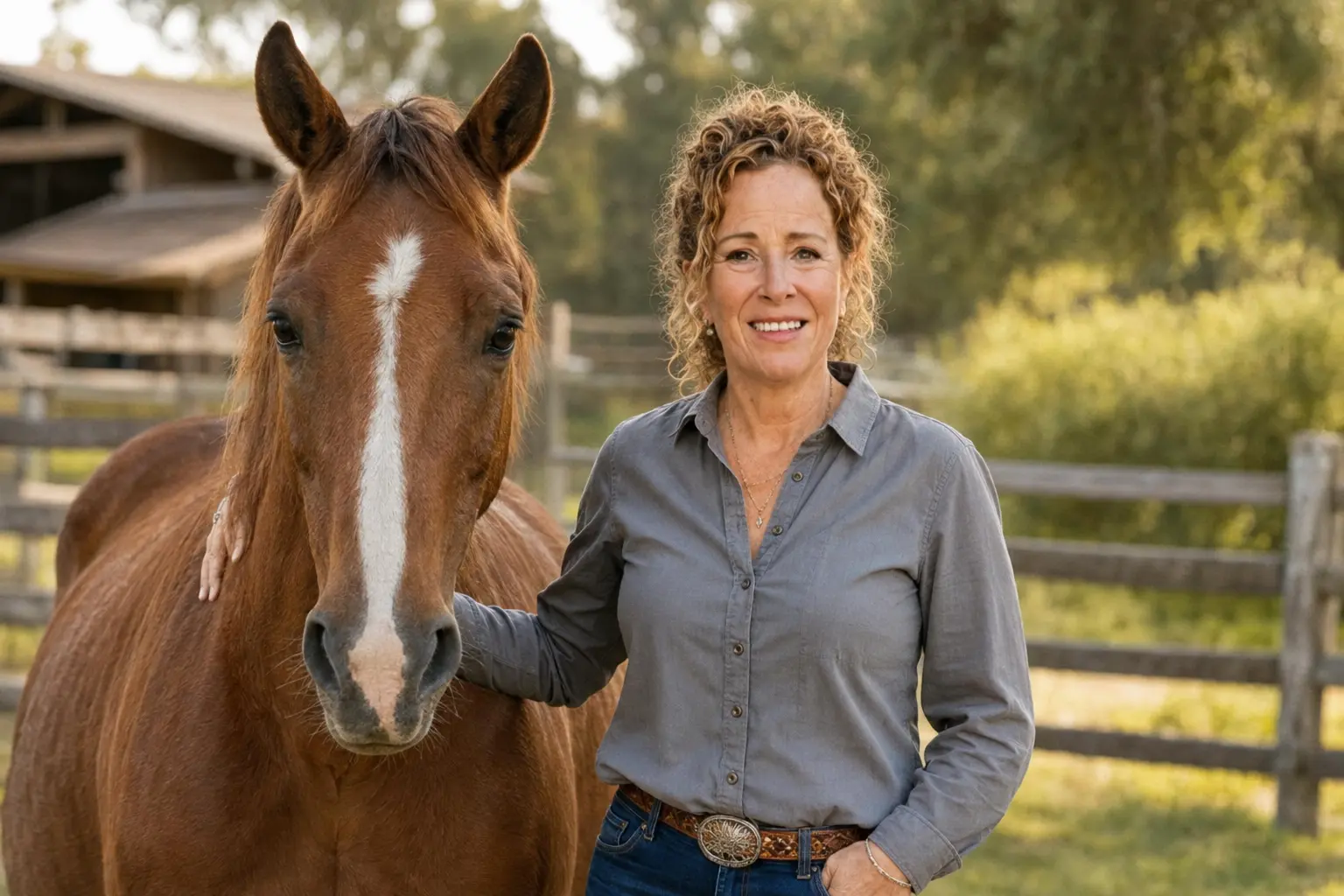 Kellie Cunningham Sipos standing beside a chestnut horse at a ranch