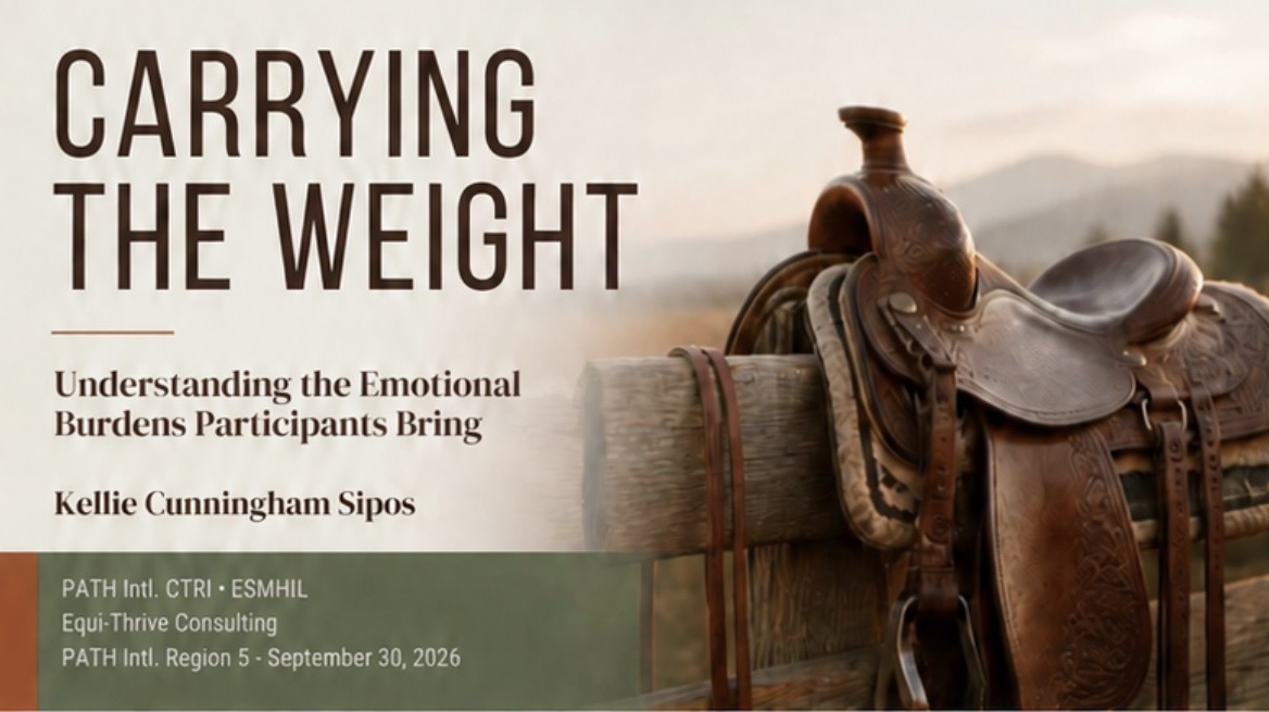 Carrying the Weight lesson cover: a saddle resting on a ranch fence with the title and Kellie Cunningham Sipos, PATH Intl. CTRI • ESMHL